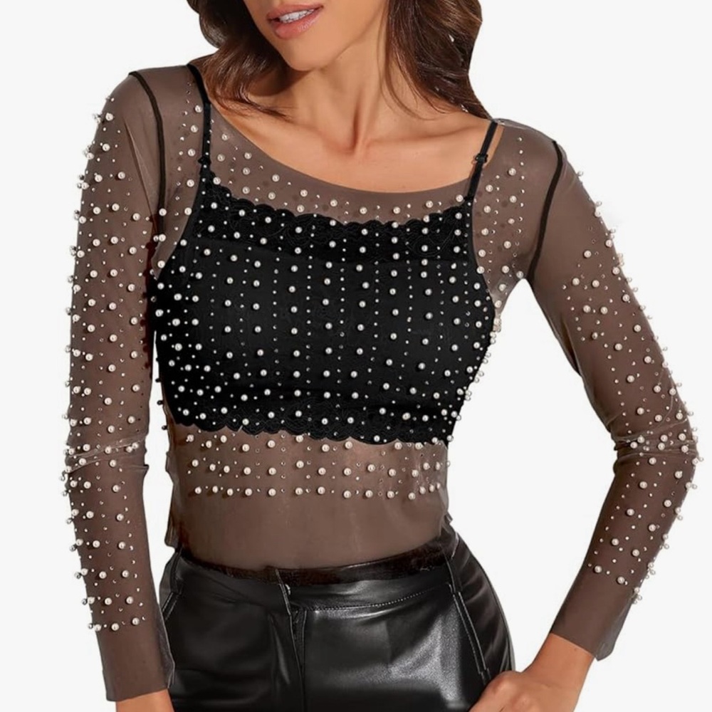 Pearl black see-through top